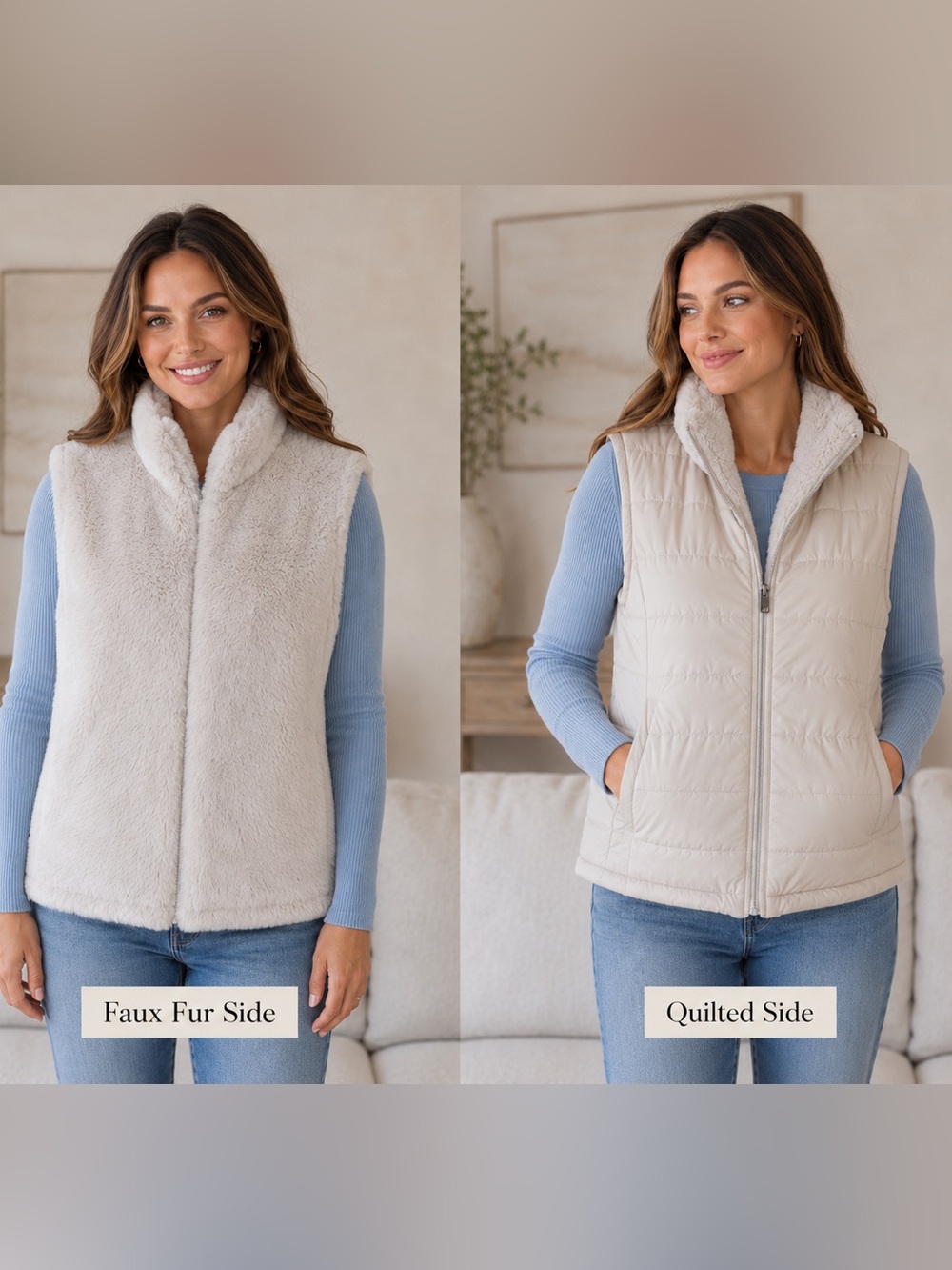 Reversible Faux Fur & Quilted Vest - Cream Sz L